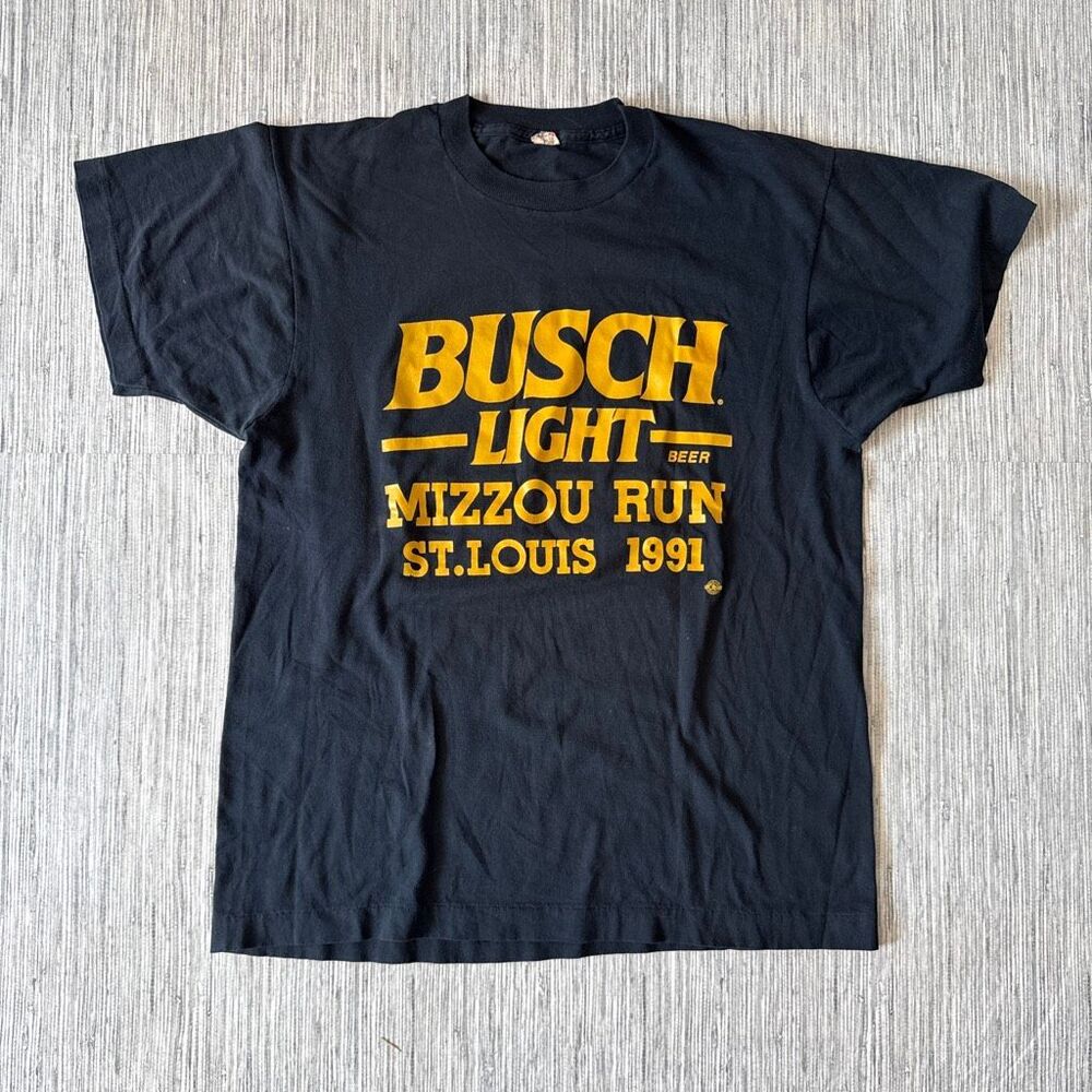 Vintage 1991 Busch Light Beer Mizzou Run St Louis T Shirt Black Single Stitch L